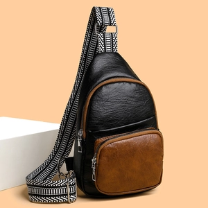 Fashion Retro PU Leather Sling Chest Bag Color Block Crossbody Purse With Geometric Wide Strap Multiple Pockets Casual Travel
