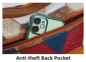 Dettaglio borsa in pelle multicolore con tasca posteriore antifurto con zip per lo smartphone
