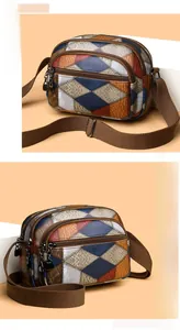 Detail view of the multi-layer zipper pockets and vintage color-block faux leather texture