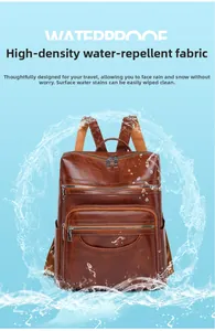 Close-up of brown vintage backpack featuring waterproof high-density leather fabric