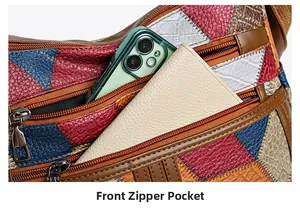 Detail of multi-color leather bag showing front zipper pockets and spacious interior