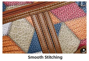 Close-up of multicolor leather patchwork with premium smooth stitching on a crossbody bag