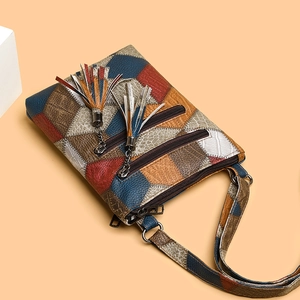 Retro multi-pocket patchwork PU leather crossbody bag with colorful tassel zippers