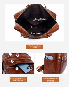 Detail view of multi-pocket brown leather backpack with front zipper compartments