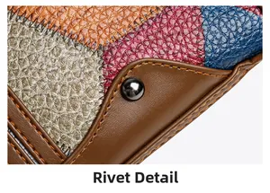 Detail of colorful patchwork leather with fine stitching and retro rivet decoration