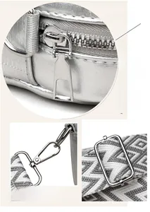 Detail of silver metallic leather texture with wide woven strap and hardware components