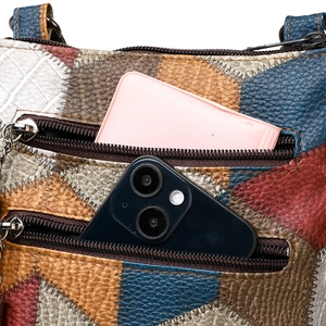 Vintage retro patchwork leather crossbody bag with multiple zip pockets and plaid texture