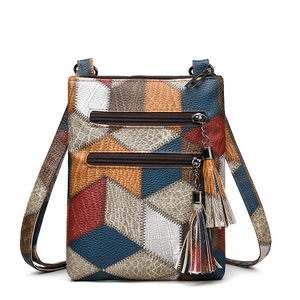 Retro multi-color patchwork PU leather crossbody bag with tassels and textured finish