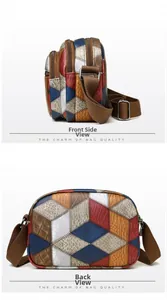 Detail view of the multi-colored patchwork leather bag featuring three zipper pockets