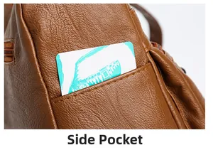 Close-up of side pocket on brown lychee texture leather shoulder bag for women