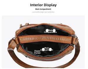 Interior view of brown PU leather shoulder bag showing three compartments and zipper pocket