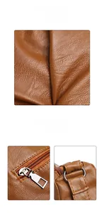 Close-up of soft brown lychee grain leather texture and durable silver zipper hardware