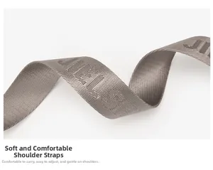 Detail of gray woven shoulder strap with reinforced fabric texture and brand lettering
