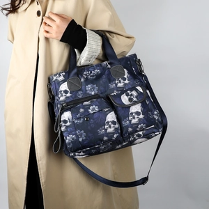 Large capacity skull and floral print oxford tote bag with crossbody strap for women