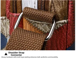 Detail of silver D-ring hardware and woven shoulder strap on a color-block leather bag
