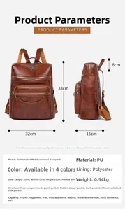 Macro detail of brown textured PU leather backpack showing compartments and dimensions