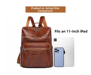 Brown vintage leather backpack detail showing 11-inch iPad fit and multi-zipper pockets