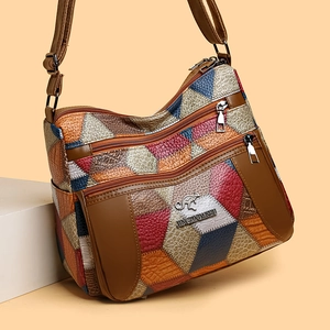 Borsa a tracolla retrò patchwork colorato con texture litchi e zip multiple