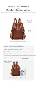 Detailed size chart and specifications for the 30x14x34cm brown PU leather backpack