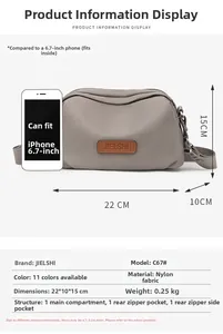 Detailed size guide for gray water-resistant nylon crossbody bag with 22x10x15cm dimensions