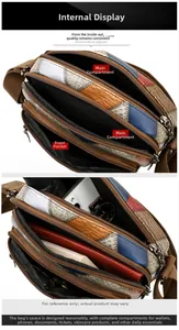 Detail view of multi-pocket vintage color-block crossbody bag with three zip compartments
