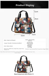 Detailed size chart for vintage washed PU leather bag showing 33x29x15cm dimensions