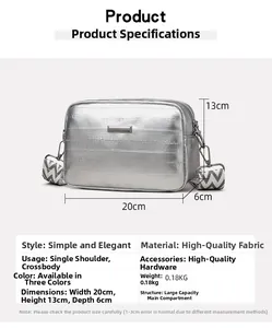 Detailed size chart of silver crossbody bag with 20cm width and geometric strap