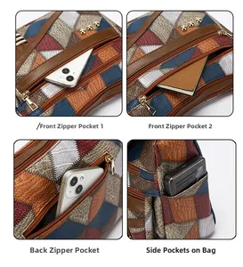 Détails du sac à bandoulière en cuir PU avec motif patchwork et compartiments zippés
