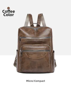 Detail of coffee brown textured faux leather backpack with multiple zip pockets