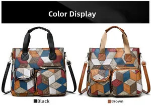 Detail view of colorful geometric pattern tote bags in black and brown vintage washed leather