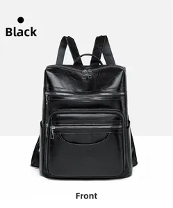 Front view of black leather backpack with multiple zip pockets and pebbled texture