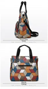 Front and back view of a geometric patchwork tote bag with a rear zipper pocket detail