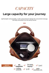 Internal view of large capacity PU leather backpack with tablet and daily essentials