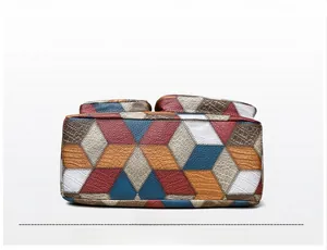 Detailed bottom view of multi-color patchwork leather bag with crocodile and litchi texture