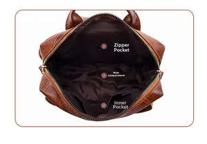 Interior layout of brown PU leather backpack with multiple compartments and zipper pocket