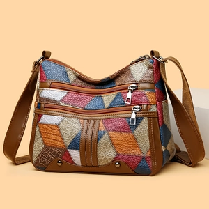 Retro multi-color patchwork leather crossbody bag with adjustable strap and zip pockets