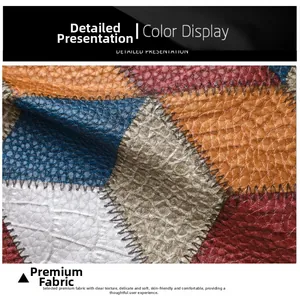 Close-up of multicolor patchwork washed leather with detailed stitching and litchi texture