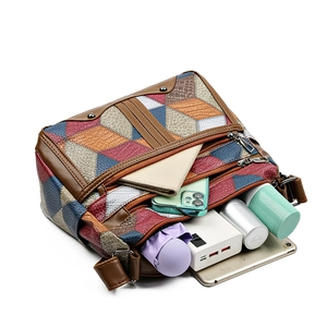 Large vintage patchwork faux leather crossbody bag for women with multi-pocket storage