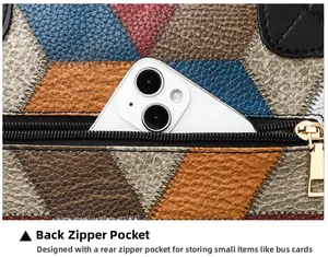 Detail showing back zipper pocket on vintage patchwork faux leather crossbody bag