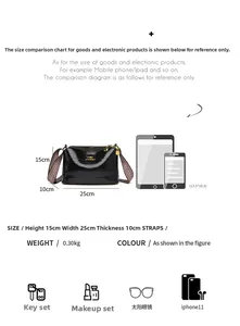 Detailed dimension guide for black shoulder bag with gold logo and woven strap