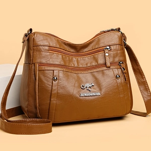 Caramel brown PU leather shoulder bag with multi-pocket zipper design for women