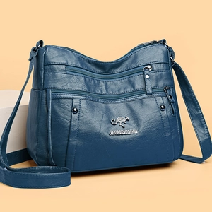 Deep blue soft PU leather shoulder bag for women with kangaroo logo and zip pockets