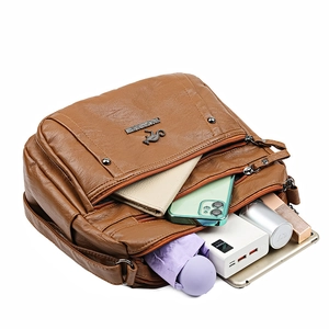 Brown faux leather shoulder bag with multiple zippers and large capacity storage