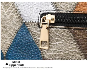 Detail of metal zipper puller on color-block pebbled leather motorcycle bag