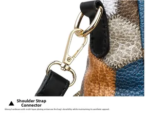 Detail of multi-layer electroplated gold lobster clasp on textured patchwork leather bag