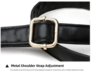 Detail of adjustable black leather shoulder strap with high-quality golden metal buckle