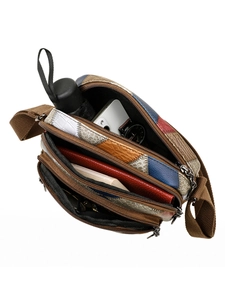Multicolor patchwork crossbody bag with triple zippers and spacious storage compartments