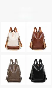 Macro detail of high-quality PU leather backpack available in white, brown, coffee, and black