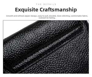 Detailed close-up of black lychee grain leather stitching and smooth metal zipper structure
