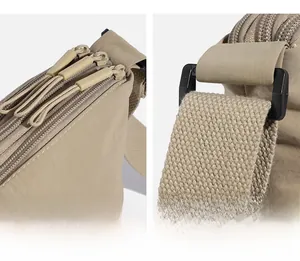 Detail of khaki nylon bucket bag showing triple zipper compartments and adjustable strap